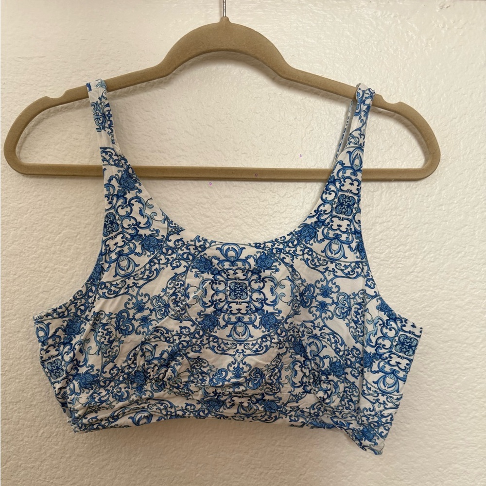 Blue and White Patterned Crop Top with Matching Skirt